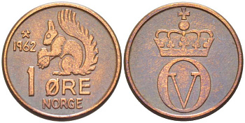НОРВЕГИЯ 1 ЭРЕ 1962 БЕЛКА, УЛАФ V (1957-1991) KM 403 бронза 211-1166