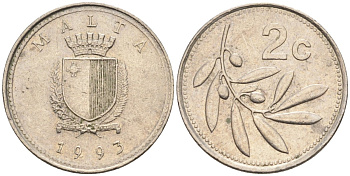 Мальта 2 цента 1993 оливковая ветвь KM 94 медно-никель 112-955