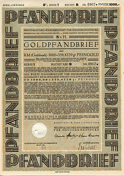 Германия 1000 золотых марок 1928 Вестфальское бюро залога жилой недвижимости, облигация   бумага   8803-134-1