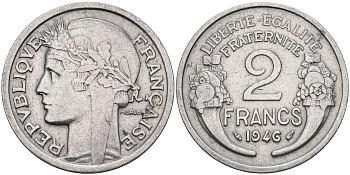Франция 2 франка 1946  KM 886а.1 алюминий    4153-452