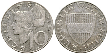 Австрия 10 шиллингов 1958 KM 2882 серебро 413-1923