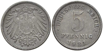 ГЕРМАНИЯ 5 ПФЕННИГОВ 1921 F KM 19, J. 297, Weege 5 железо 206-743