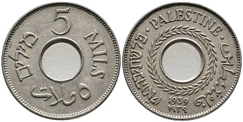 Израиль, Палестина 5 милсов 1939 Британская администрация KM 3 медно-никель 4548-926