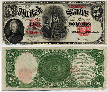 США 5 долларов 1907 LEGAL TENDER NOTES, подпись SPEELMAN-WHITE Pick 186 бумага 451-115-1