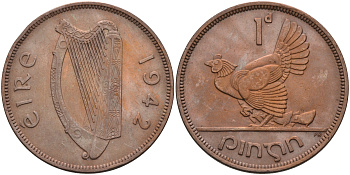 Ирландия 1 пенни 1942 курица с цыплятами KM 11 бронза 4367-1216