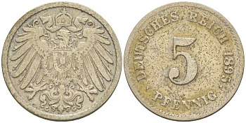 ГЕРМАНИЯ 5 ПФЕННИГОВ 1895 G KM 11, J. 12, Weege 6 медно-никель 206-916