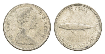 Канада 10 центов 1967 рыба, 100 лет Конфедерации Канада, Ссеребро 0.800, вес 2,3 гр, диаметр 18,3 мм KM 67 серебро 4639-617