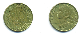 ФРАНЦИЯ 10 САНТИМОВ 1977 ТИП MARIANNE KM 929 медь алюминий никель 84-1624