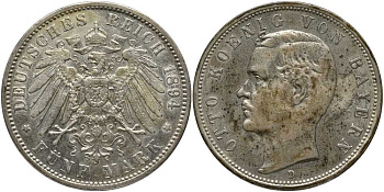 Бавария 5 марок 1894 D, Отто (1886-1913) Weege 47, J. 46, KM 512 серебро 633-541