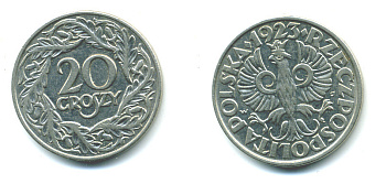ПОЛЬША 20 ГРОШЕЙ 1923 KM 12 никель 4383-211