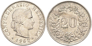 Швейцария 20 раппенов 1962 В KM 29a медно-никель 55-813