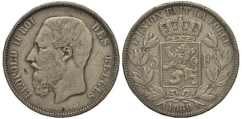 Бельгия 5 франков 1869 Леопольд II (1865-1909) KM 24 серебро    1530-1311