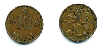 Финляндия 10 пенни 1924 республика (1918-1962) KM 24 медь 46-1436