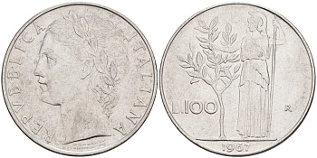 ИТАЛИЯ 100 ЛИР 1967 R, АФИНА КМ 96.1 нержавеющая сталь 4572-614