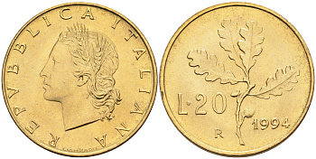 Италия 20 лир 1994 R, дубовый лист KM 97.2 алюминиевая бронза  UNC  4594-912
