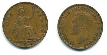 Великобритания 1 пенни 1946 Георг VI (1936-1952) KM 845, Spink 4114 бронза 540-642