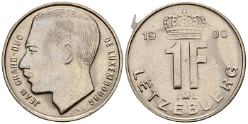 Люксембург 1 франк 1990 Герцог Жан (1964-1999) KM 63 сталь плакированная никелем 4602-155