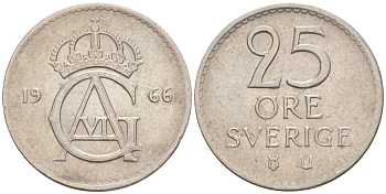 Швеция 25 эре 1966 U, Густав VI Адольф (1950-1973) KM 836 медно-никель 187-513