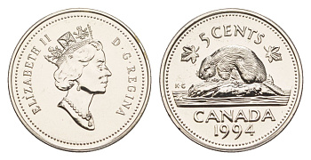 Канада 5 центов 1994 Елизавета II (1952-2022), бобр KM 182 медно-никель PROOF-LIKE (BU) 4639-522