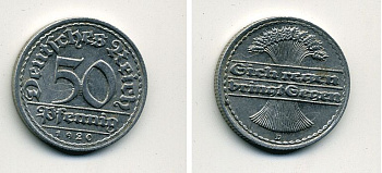 ГЕРМАНИЯ 50 ПФЕННИГОВ 1920 D KM 27, J. 301 алюминий 41-731