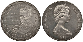 Остров Мэн 1 крона 1981 Международный год инвалидов, Луи Брайль KM 77 медно-никель UNC 02-224-25