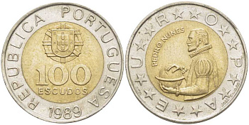 Португалия 100 эскудо 1989 Педру Нуниш (1502-1578), математик KM 645.1 биметалл 110-114