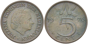 Нидерланды 5 центов 1976 Юлиана (1949-1980) KM 181 бронза 213-1135