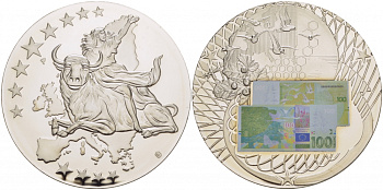 НИДЕРЛАНДЫ МЕДАЛЬ 2002 ПОХИЩЕНИЕ ЕВРОПЫ, КУПЮРА 100 ЕВРО ЕВРОПРОБА, СЕРЕБРЕНИЕ, ЦВЕТНАЯ ЭМАЛЬ, ДИАМЕТР 50 ММ. ВЕС 54 ГР. медно-никель PROOF 01-232-13