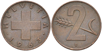 Швейцария 2 раппена 1963 В KM 47 бронза 4584-145