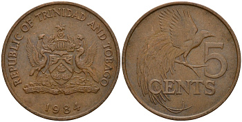 Тринидад и Тобаго 5 центов 1984 райская птица KM 30 бронза 4159-656