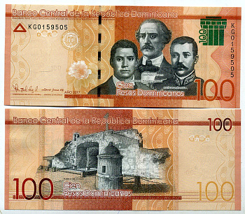 Доминиканская Республика 100 песо 2017 Пуэрта-дель-Конде в Санто-Доминго, три портрета Пабло Дуарте, Франциско Санчес, Матас Рамон. Отцы основатели Pick 190 d бумага UNC (пресс) 447-36-2