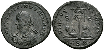 Римская Империя нуммий 319 Константин II в ранге цезаря VIRTVS EXERCIT Фессалоника Good Very fine (R2) RIC 80 бронза 1073-3-1-4