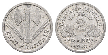Франция 2 франка 1943 KM 904 алюминий 4543-155