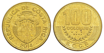 Коста-Рика 100 колонов 2014 KM 240a сталь плакированная латунью UNC 4642-1012