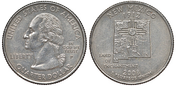 США 25 центов = квотер 2008 P, серия штаты США, Нью-Мексико KM 422 медь плакированная медно-никелем 4525-334