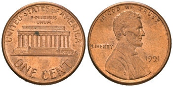 США 1 цент 1991 Авраам Линкольн KM 201b цинк плакированная медью aUNC 220-1013