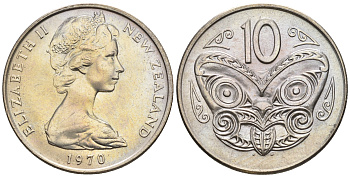 Новая Зеландия 10 центов 1970 Елизавета II (1952-2022), маска маори KM 41.1 медно-никель  UNC  4177-1142