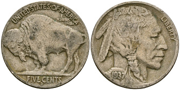 США 5 центов 1937 индеец, бизон KM 134 медно-никель 4529-914