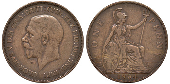 Великобритания 1 пенни 1934 Георг V (1910-1936) KM 838, Spink 4055 бронза 4131-423