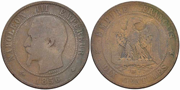 Франция 10 сантимов 1856 BB, Наполеон III (1852-1870) KM 771.3, Le Franc 133.34 бронза    4680-632