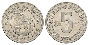 Боливия 5 песо 1976 KM 197 сталь плакированная никелем 4661-1114