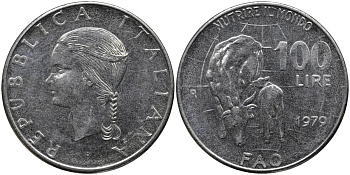 Италия 100 лир 1979 R, FAO, корова с теленком KM 106 нержавеющая сталь 4165-115