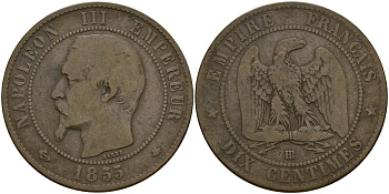 Франция 10 сантимов 1855 BB - Страсбург, Наполеон III (1852 - 1870) KM 771 бронза 4168-624
