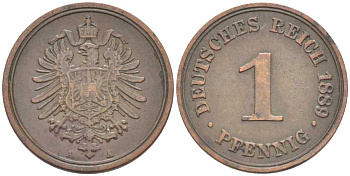 ГЕРМАНИЯ 1 ПФЕННИГ 1889 А, СТАРОГЕРБОВКА KM 1, J. 1 медь 112-529