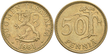 ФИНЛЯНДИЯ 50 ПЕННИ 1981 K KM 48 алюминиевая бронза 4556-224