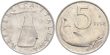 Италия 5 лир 1998 R, дельфин KM 92 алюминий  UNC  4594-817