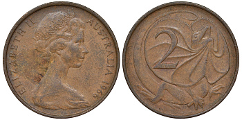 Австралия 2 цента 1966 Елизавета II (1952-), плащеносная ящерица KM 63 бронза 4556-1026