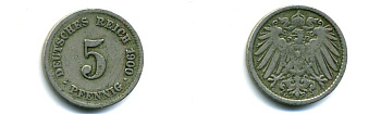 ГЕРМАНИЯ 5 ПФЕННИГОВ 1900 G, KM 11, J. 12 медно-никель 35-454