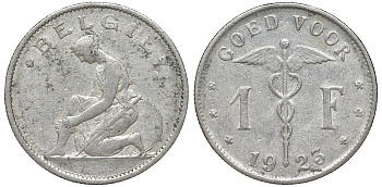 Бельгия 1 франк 1923 Belgie, Альберт I (1909-1934) KM 90 никель 51-1017