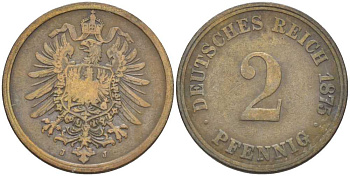 ГЕРМАНИЯ 2 ПФЕННИГА 1875 J, СТАРОГЕРБОВКА KM 2, J. 2, Weege 3 медь 212-535